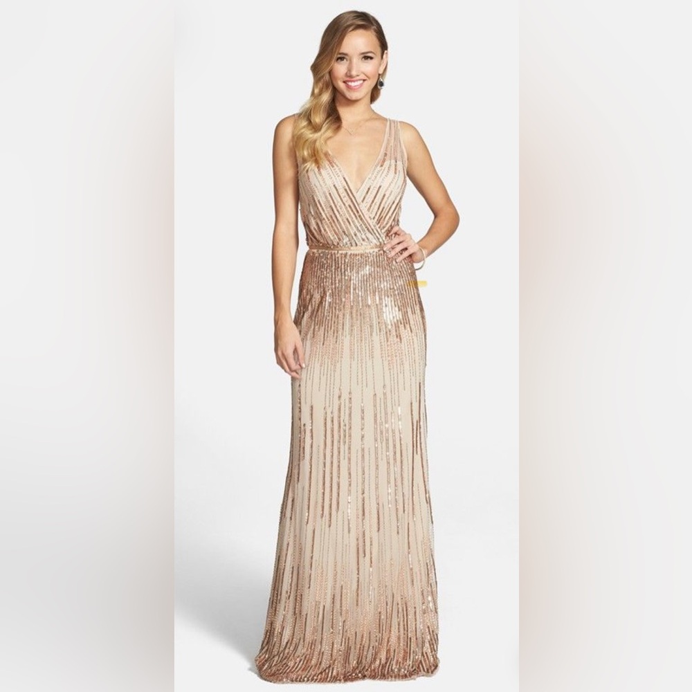 Adrianna Papell Gold Embellished V-Neck Gown
